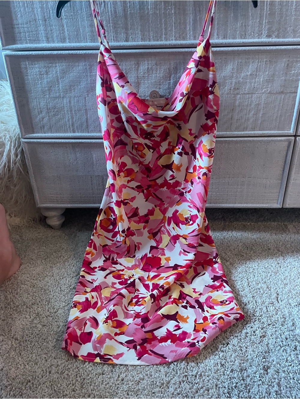 Floral Cowl Neck Slip Dress in Pink and White